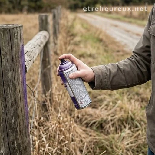 Person applying purple paint to a fence post to mark private property boundary
