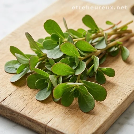 Fresh purslane leaves and stems on a wooden surface
