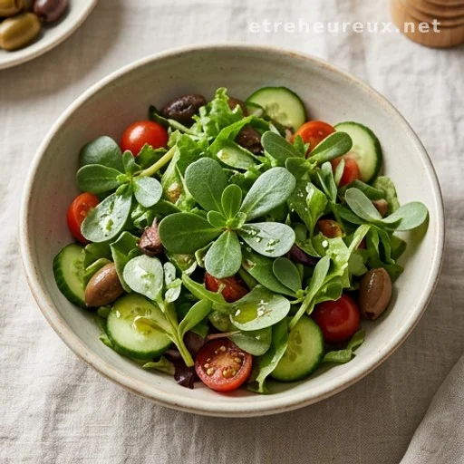 Bowl of fresh salad with purslane leaves and mixed greens