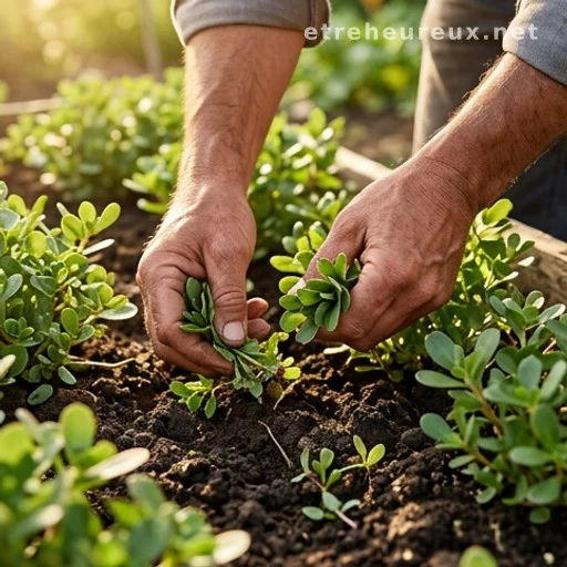 Person harvesting fresh purslane from a garden bed