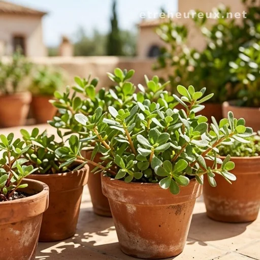 Purslane plants growing in terracotta pots on a sunny terrace