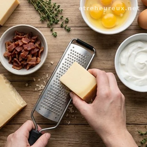 Quiche Lorraine ingredients laid out on a kitchen counter including Gruyère and bacon