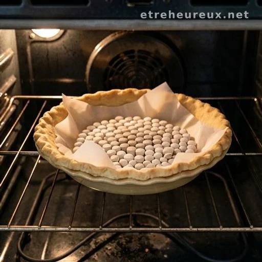 Pre-baked empty pie crust with parchment and baking weights on oven rack