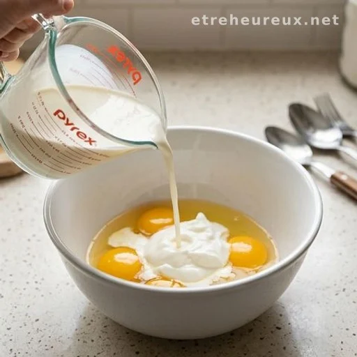 Half-and-half being poured into a bowl with Greek yogurt and eggs for quiche custard