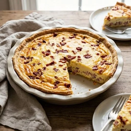 Freshly baked Quiche Lorraine in ceramic dish with one slice removed showing custard filling