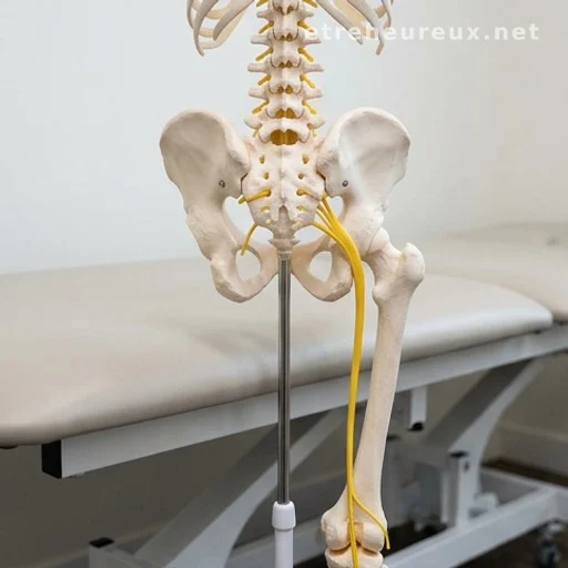 Anatomy model illustrating the lower spine and sciatic nerve pathway down the leg