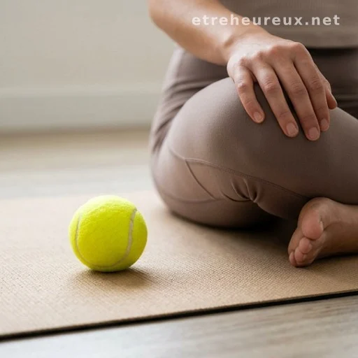Tennis ball on a yoga mat used for self-massage targeting the lower back area
