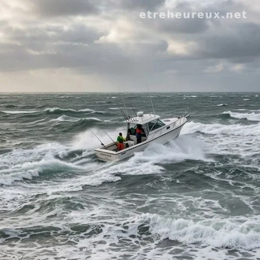 Small boat navigating rough intersecting ocean waves in dangerous sea conditions