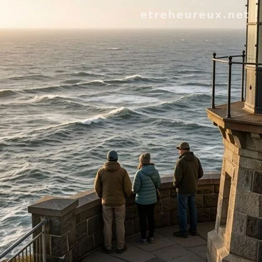 Visitors on a lighthouse deck observing square wave patterns in the ocean below