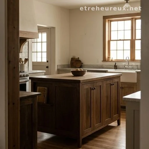 Rustic farmhouse kitchen interior with wooden island and warm natural light