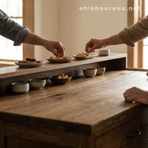 Kitchen island counter with small food dishes arranged along a low ledge for guests