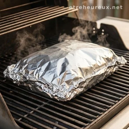 Sealed foil packet on a grill grate with steam escaping