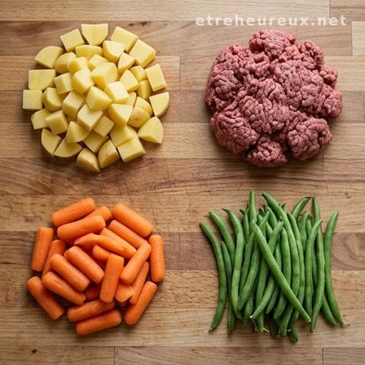 Raw hobo dinner ingredients: potatoes, carrots, green beans, ground beef on a wooden surface