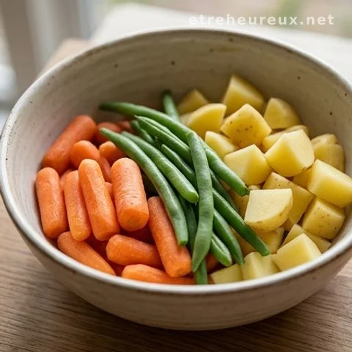 Close-up of carrots, green beans, and diced potatoes in a bowl