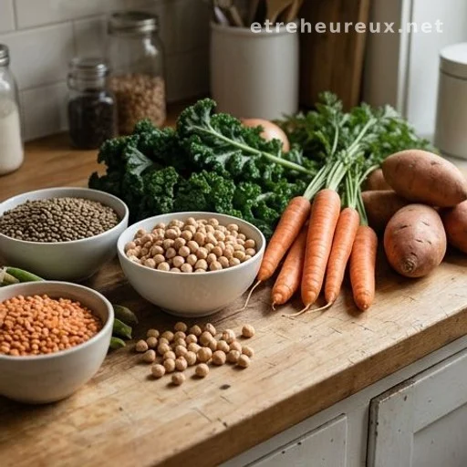 Assorted vegetables and legumes on a kitchen counter illustrating dietary fiber sources
