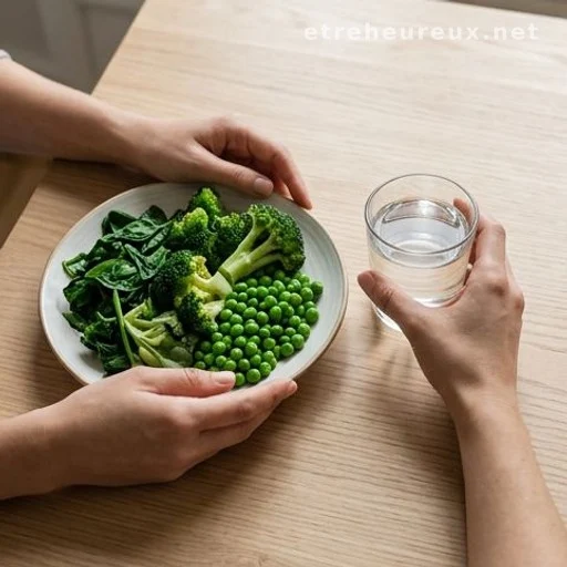Hands holding a glass of water next to a plate of green vegetables illustrating hydration and diet