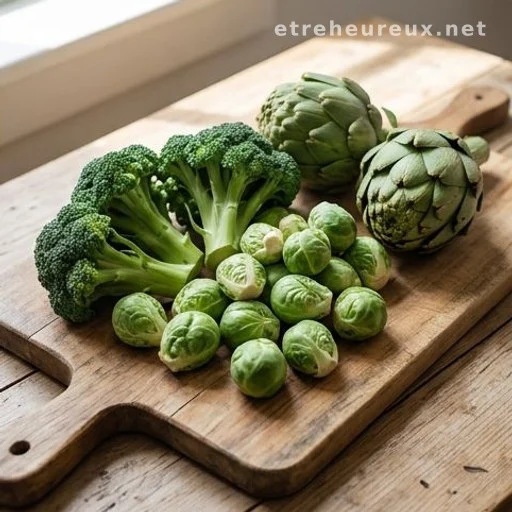 Broccoli, Brussels sprouts, and artichokes on a wooden board as fiber-rich vegetables for digestion