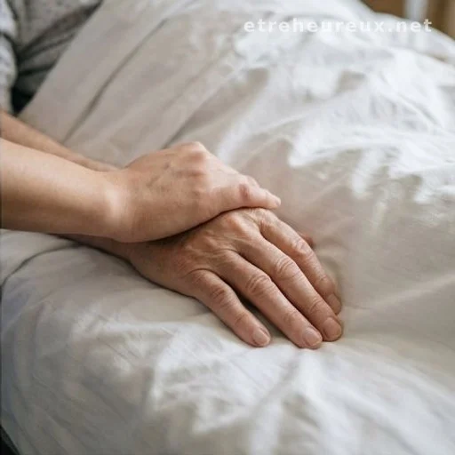 Two hands, one resting on a bed, one offering comfort at end of life