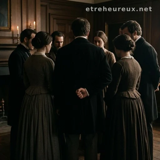 Silhouetted figures in a historical interior, one person making a discreet hand gesture