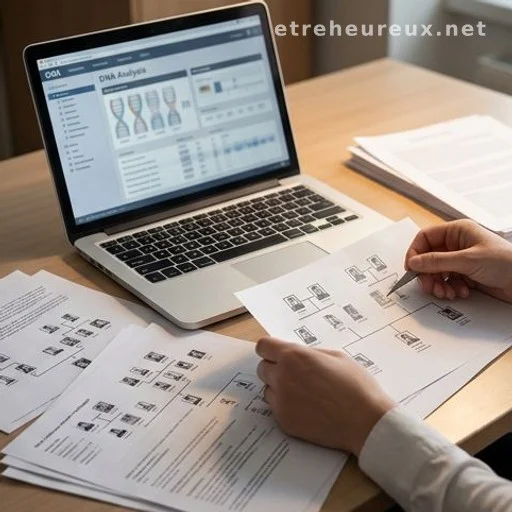 Forensic genealogist examining DNA family tree documents at a desk