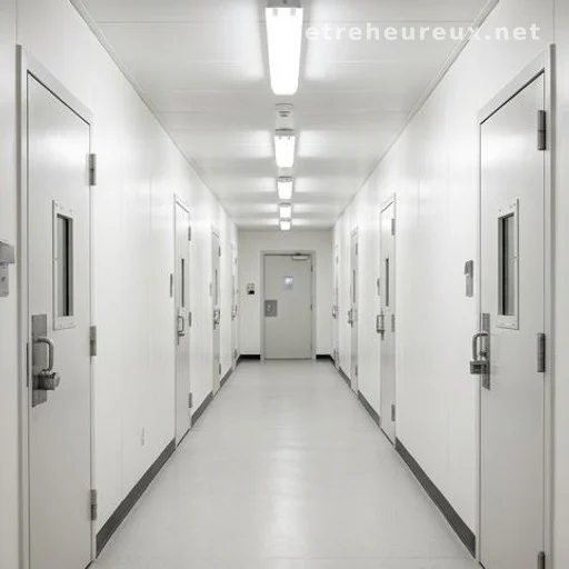 Secure psychiatric facility corridor with locked doors and fluorescent lighting
