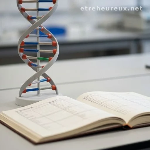 DNA helix model beside an open genealogy register on a laboratory bench