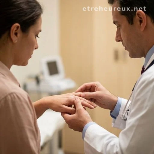 Doctor examining a patient's hand in a clinical setting for signs of finger clubbing