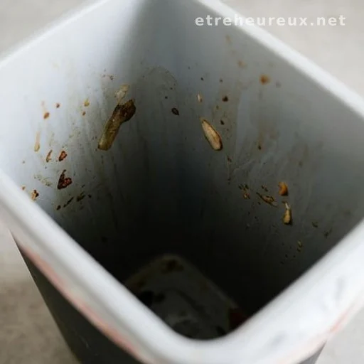 Inside of a household garbage bin showing food residue and organic waste