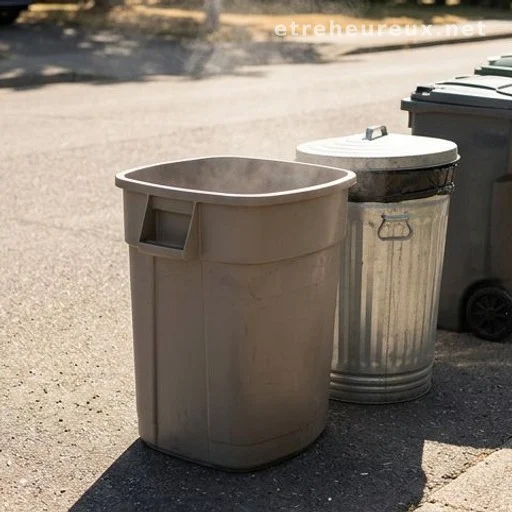 Outdoor trash cans exposed to direct summer sunlight