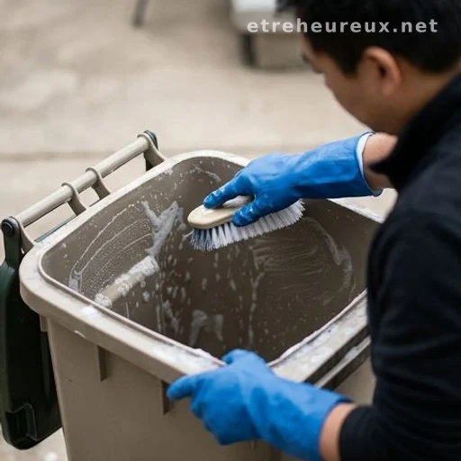 Person in rubber gloves cleaning a household trash bin with a brush