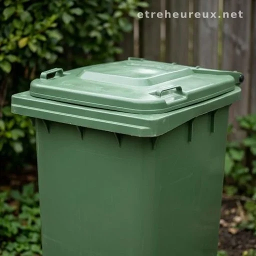 Closed outdoor garbage bin placed in a shaded garden area