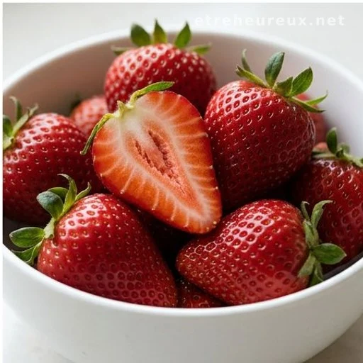 Fresh strawberries in a bowl, one cut open to show the inside