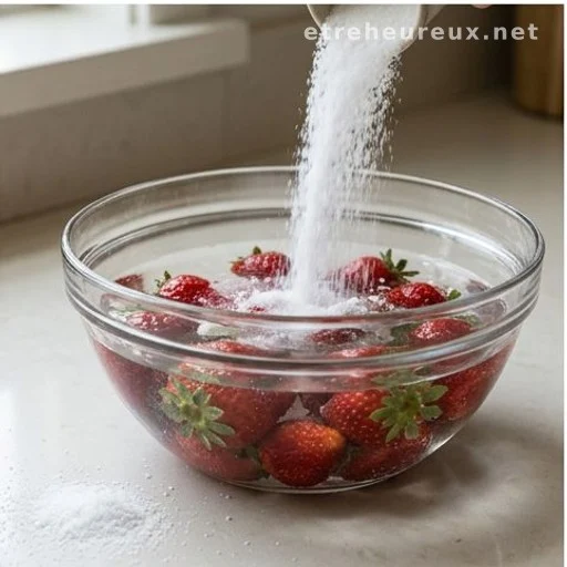 Salt being poured into a glass bowl of water with submerged strawberries