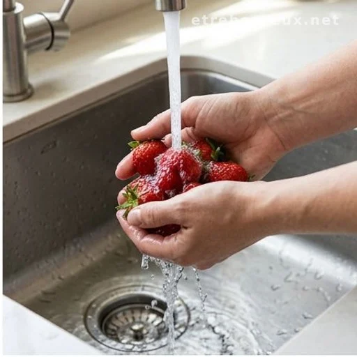 Hands rinsing strawberries under running water in a kitchen sink