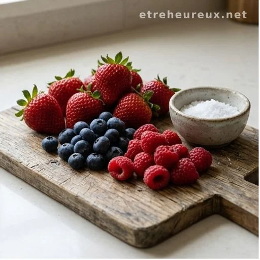 Fresh strawberries, blueberries and raspberries on a board next to coarse salt