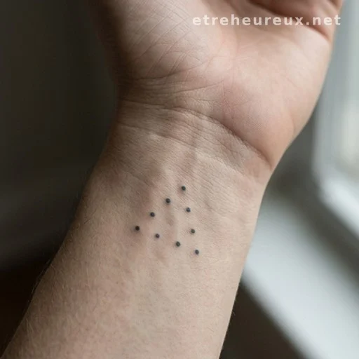 Three-dot tattoo on a wrist, close-up editorial photo