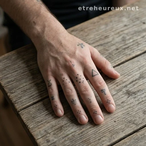 Tattooed hand resting on a table, neutral setting, editorial photo