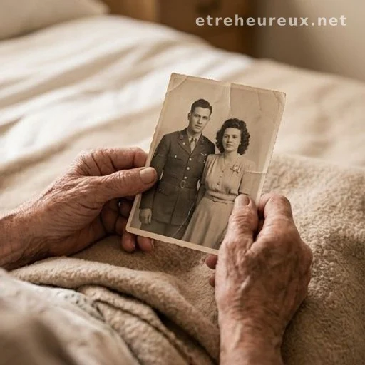 Elderly hands holding an old family photograph in soft light