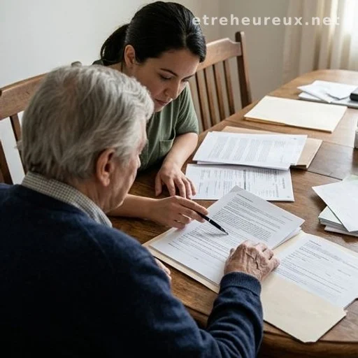 Elderly person and adult child reviewing documents together at a table