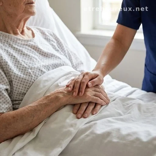 Caregiver holding an elderly patient's hand in a sunlit room