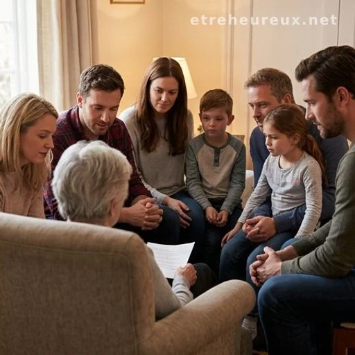 Family members gathered around an elderly relative in a warm home setting