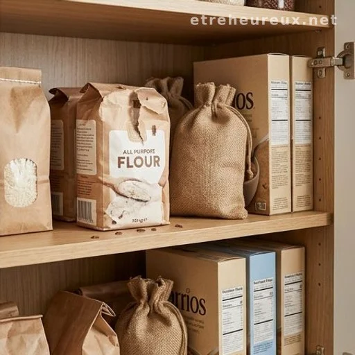 Open pantry shelf with dry goods and signs of small insect activity