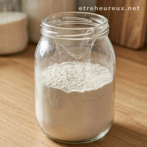 Glass jar of flour with fine webbing, sign of pantry moth infestation