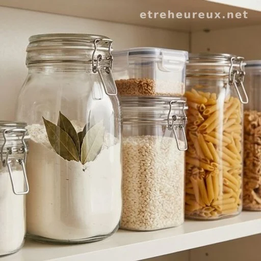 Airtight containers with dry goods and bay leaves on a clean pantry shelf