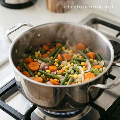 Home-cooked vegetable meal in a pot on a kitchen stove
