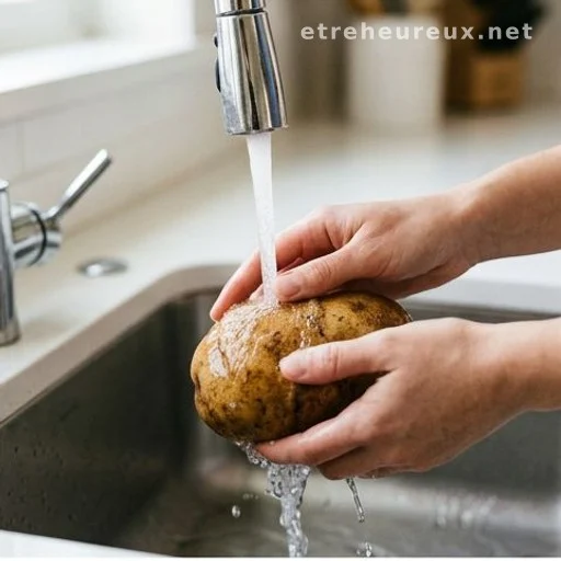 Hands scrubbing a potato under running water for safe food preparation