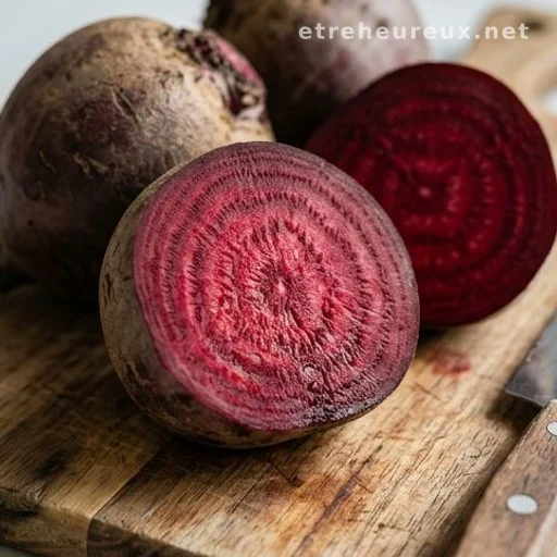 Freshly cut raw beetroots showing deep red flesh on a wooden surface