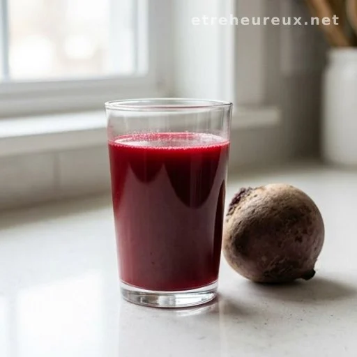 Glass of dark red beetroot juice next to a whole beetroot on a kitchen counter