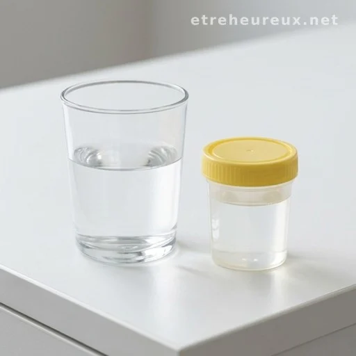 Glass of water beside a urine sample cup illustrating hydration and urine color