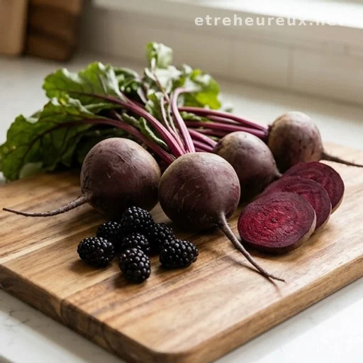 Beets and blackberries on a cutting board, foods known to affect urine color